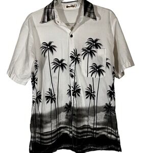 Shoreline Men's Large White Black Palm Tree Tropical Cotton Button Down Shirt